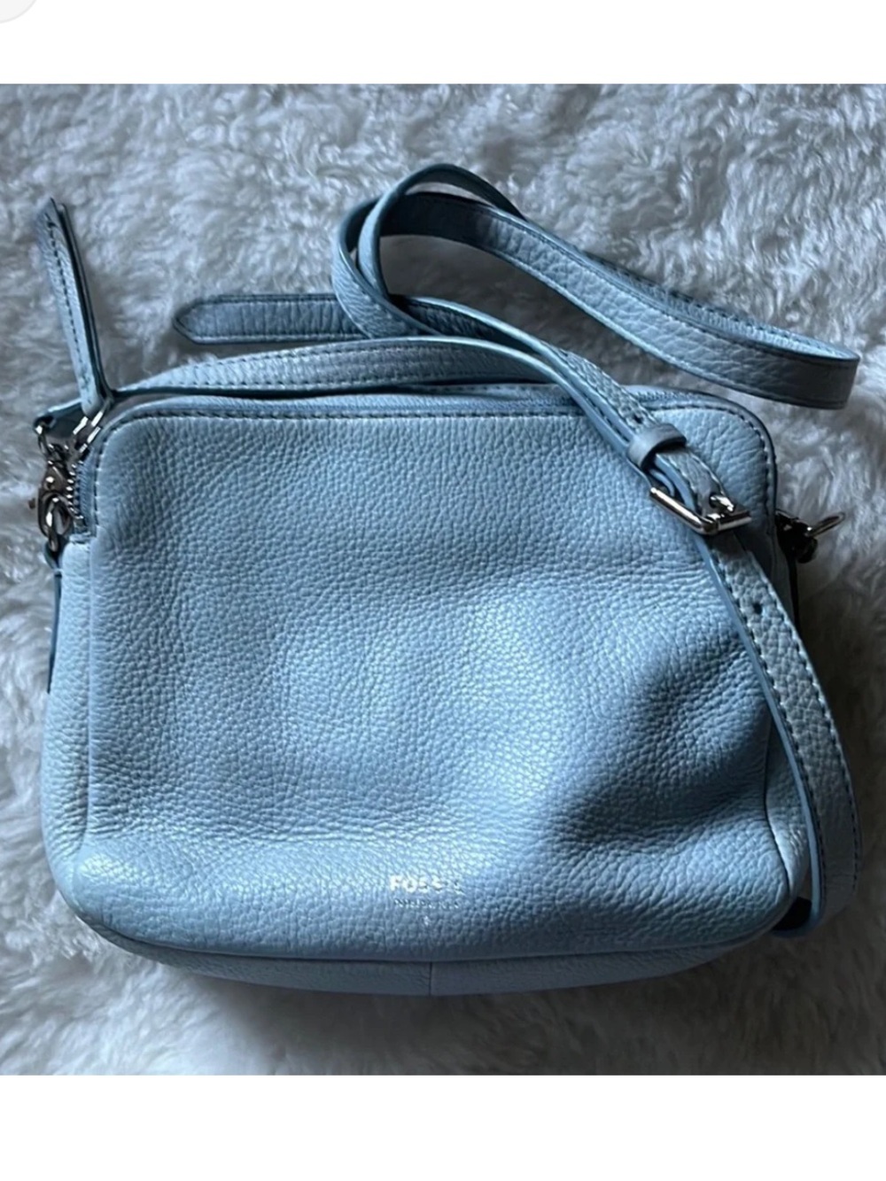 Fossil pale blue leather double top zip crossbody camera bag
